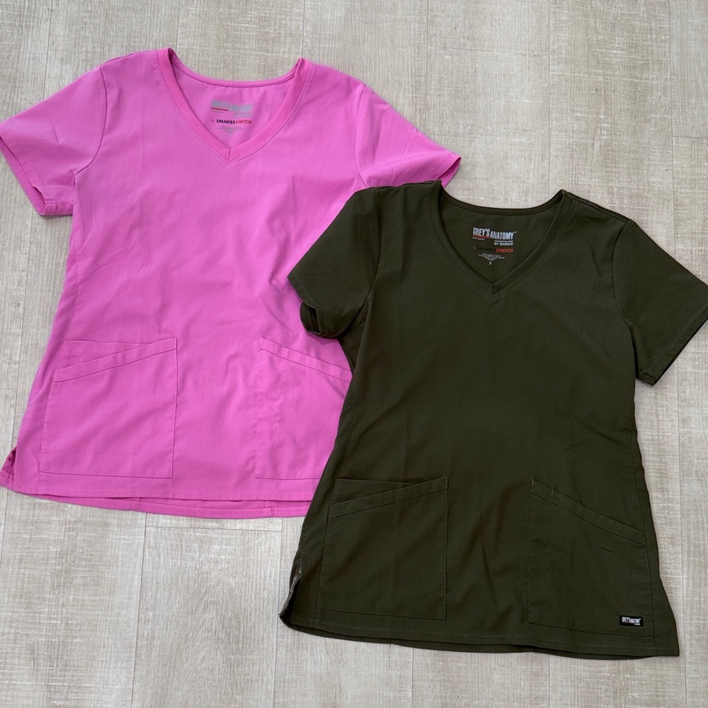 Grey's Anatomy V-Neck Scrub Tops- Pink and Olive Bundle Size Small
